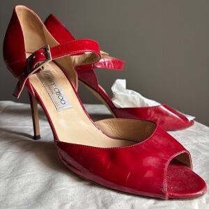 Jimmy Choo Red Patent Peep Toe Ankle Strap 4” Stiletto Heels 41 US10 Logo Buckle